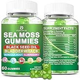Sea Moss Gummies – Irish Sea Moss with Black Seed Oil, Bladderwrack, Burdock Root for Immune & Detox Support, Vegan Green Apple Flavor Gummies for Adults, Kids, Men, Women - 60 Gummies
