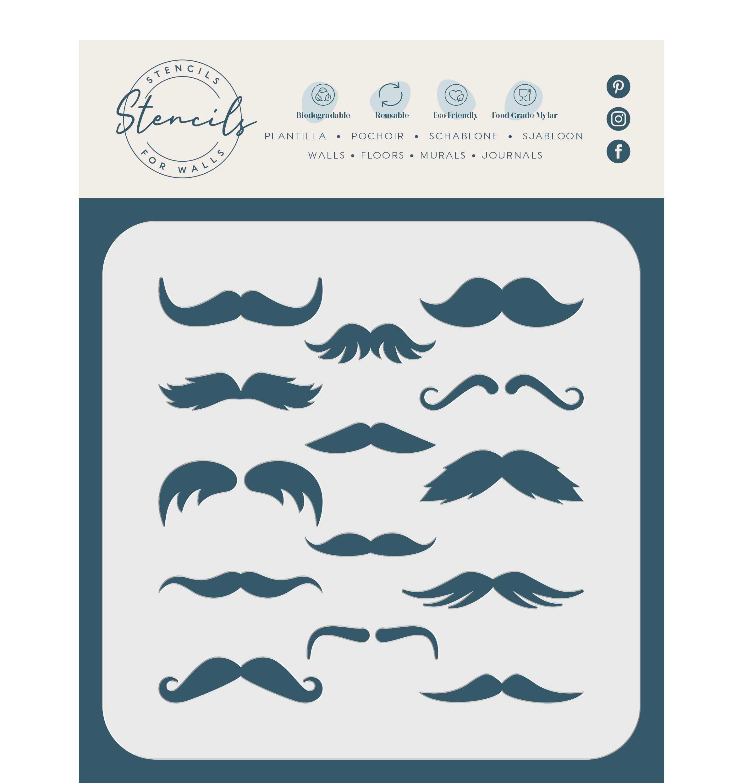 Mustache Stencil, 16.5 x 16.5 cm (M) - Mixed Media Shapes 12 Moustache Facial Hair Stencils for Painting Template