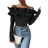 OYOANGLE Women's Long Sleeve Rib Knit Ruffle Off Shoulder Blouse Party Tops Shirt