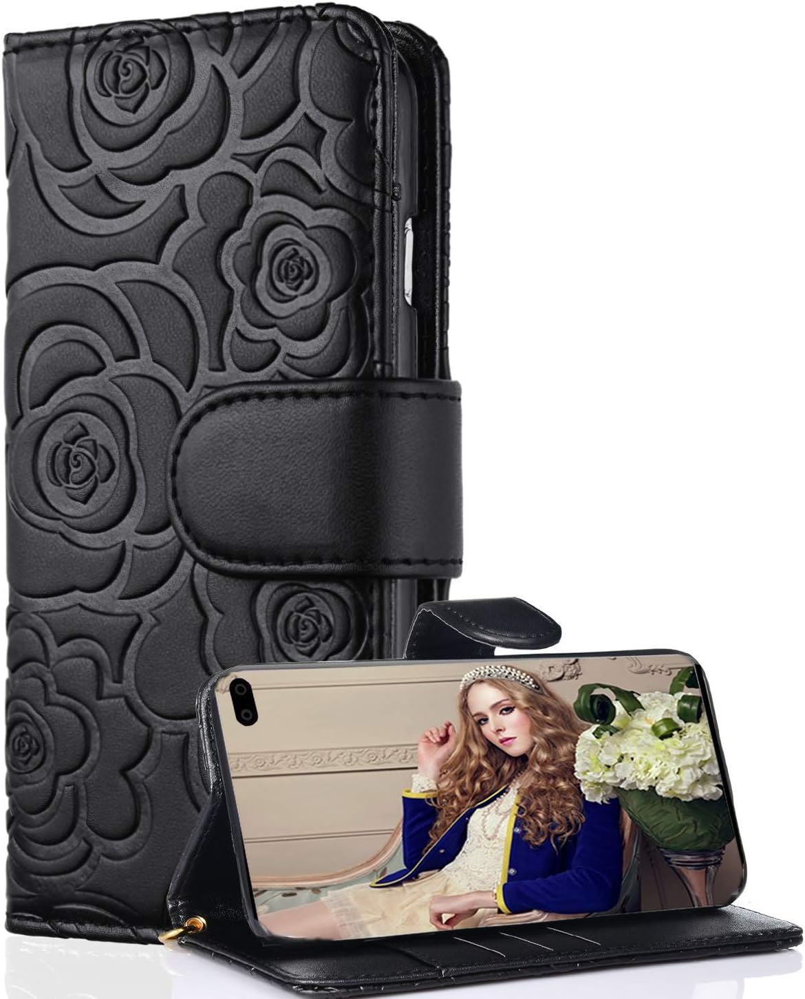 FLYEE Case Compatible with Galaxy S10 Plus (6.4 inch,Released in 2019),Wallet Case for Women and Girls with Card Holder,[Embossed Flower] Flip PU Leather Protective Case with Wrist Strap-Black