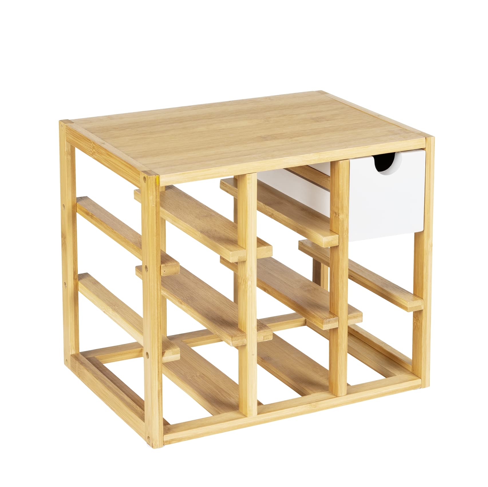 WENKO Wine rack Finja, top-quality rack for up to 8 bottles, with integrated drawer for corkscrew, pourer & serviettes, made of natural bamboo/MDF, 33.5 x 29 x 24 cm, natural/white