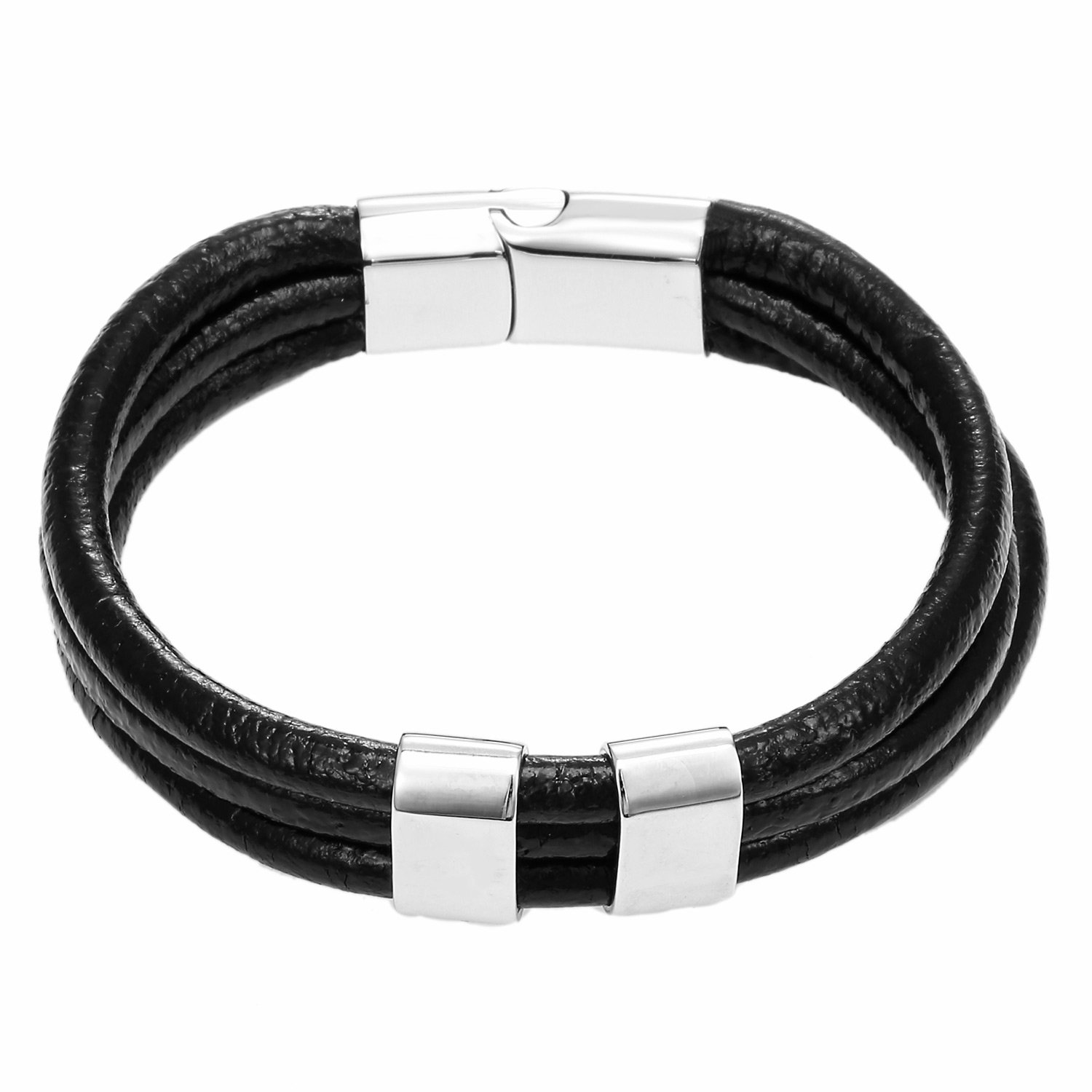 DonDon Men's Bracelet Leather with Stainless Steel Elements and Magnetic Clasp Black