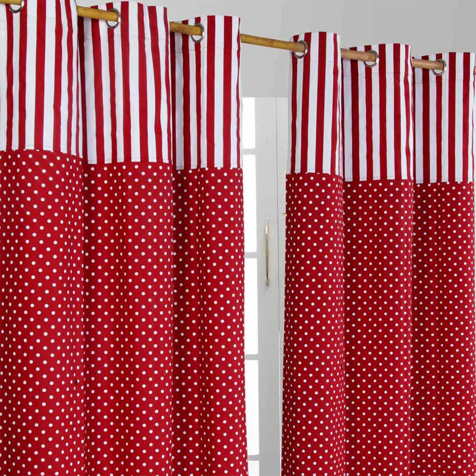 HOMESCAPES 100% Cotton Unlined Eyelet Curtain Pair - Polka Dots - Red - 137cm (54") Wide x 228cm (90") Drop