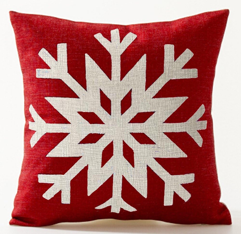 Cotton Linen Scandinavian Modern Geometric Abstract Beige Snowflake Pattern in Red Merry Pillow Case Cushion Cover Decorative Sofa Bedroom Living Room Square 18 inches