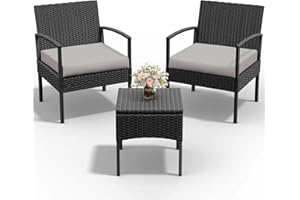 PROHIKER 3 PCS Patio Rattan Conversation Chairs Set, Outdoor Patio Furniture Balcony Furniture Set, Wicker Patio Bistro Set for Garden Porch Balcony Yard, Gray