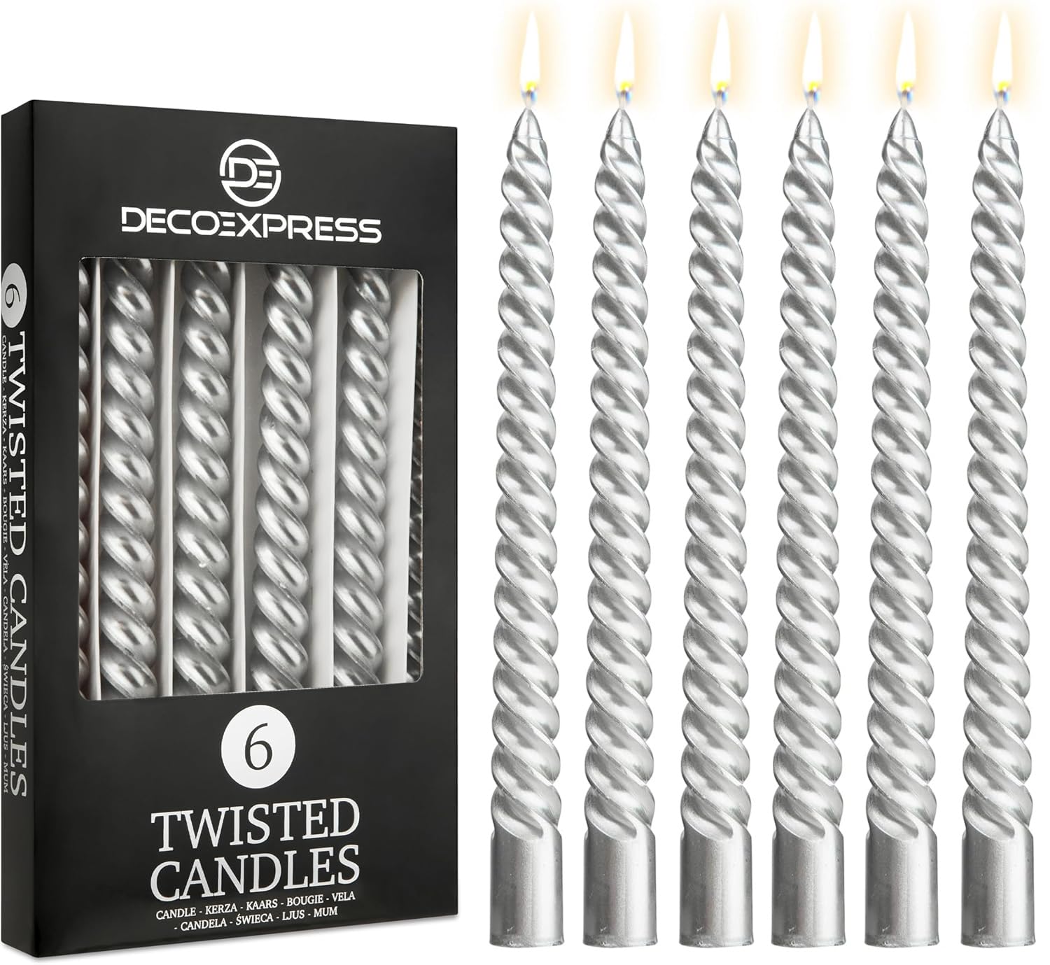 DECO EXPRESS Candles, Pack of 6 Dinner Candles, Non Drip Twisted & Non Scented, Long 6 Hours Burning Time, Cosy Home Decor, Valentine’s Day & Mother’s Day Gifts (Metallic Silver, Pack of 6)