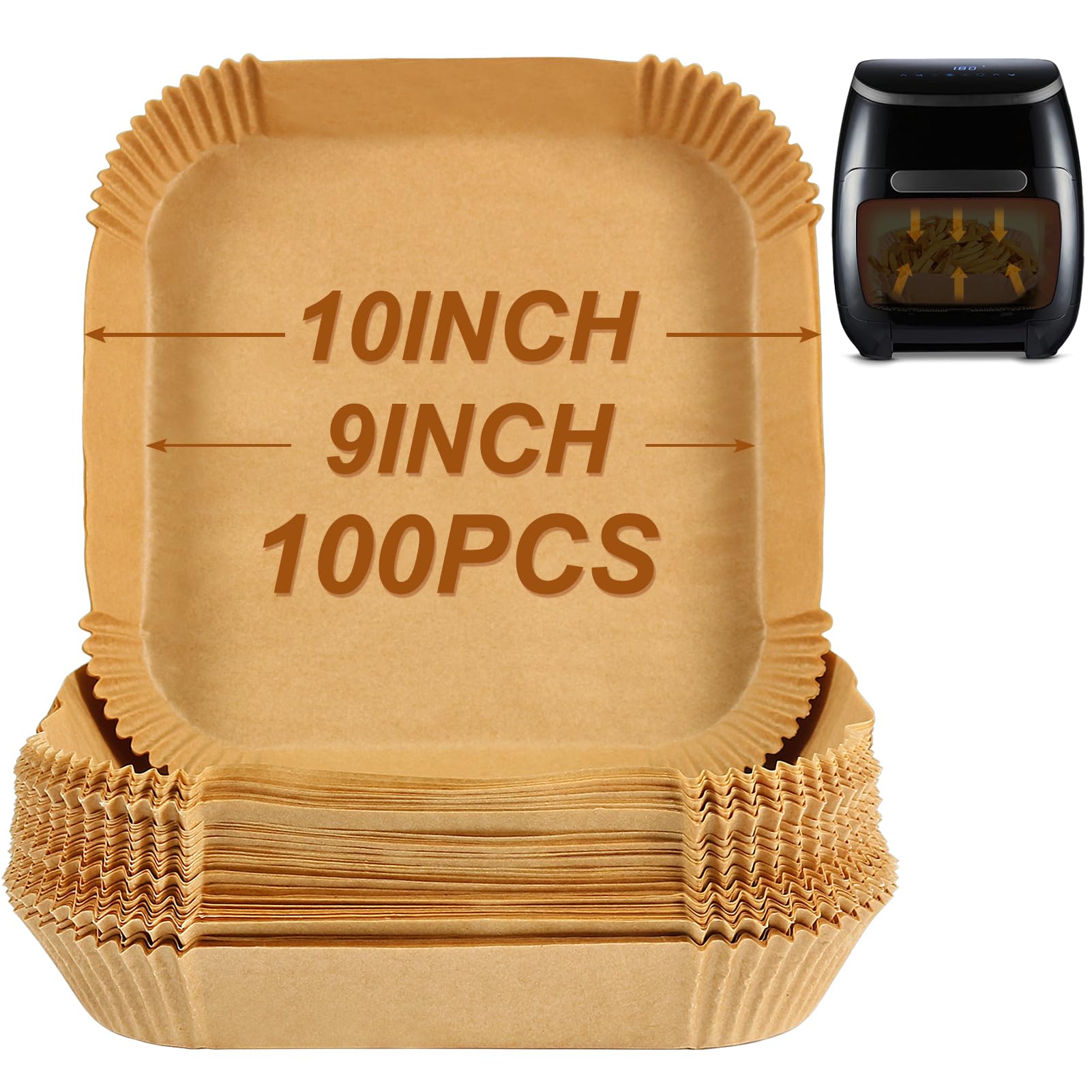 BYKITCHEN 100pcs Air Fryer Disposable Paper Liner, 9 Inch Large Air Fryer Liners Square for Tefal Easy Fry Pizza, Nonstick Airfryer Parchment Paper Liner, Compatible with COSORI, Ninja