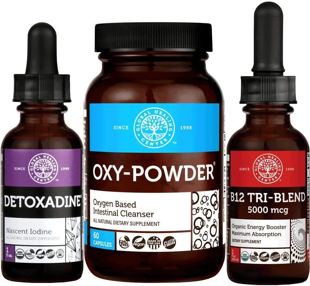 Global Healing Live Healthy Kit - Oxy-Powder & Detoxadine & B12 Tri-Blend - Oxygen Based Colon Cleanser & Organic Nascent Iodine, Sublingual B12 Drops For Thyroid & Energy - 60 Capsules & 2 Fl Oz Each