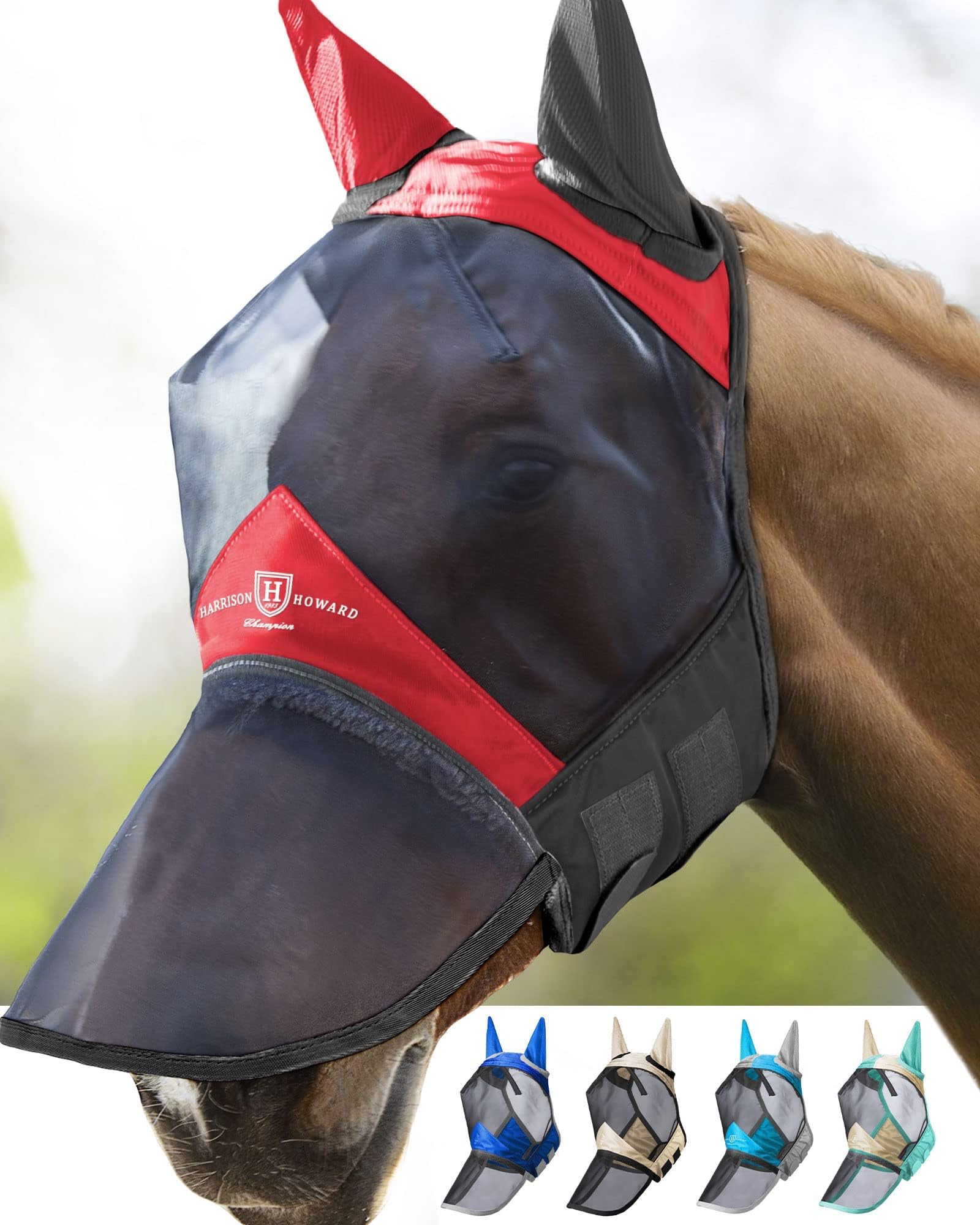 Harrison Howard Pro Luminous Horse Fly Mask Long Nose with Ears UV Protection for Horse Scarlet Red/Black Large Full Size