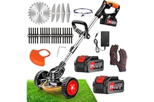 XBZZGMG Electric Weed Wacker Brush Cutter 21v 4.0Ah Battery Operated Weed Wacker - 3-in-1 Weed Wacker Cordless with Wheels Adjustable Lightweight Weed Trimmer - 4 Cutting Blade Types for Lawns Yard Garden