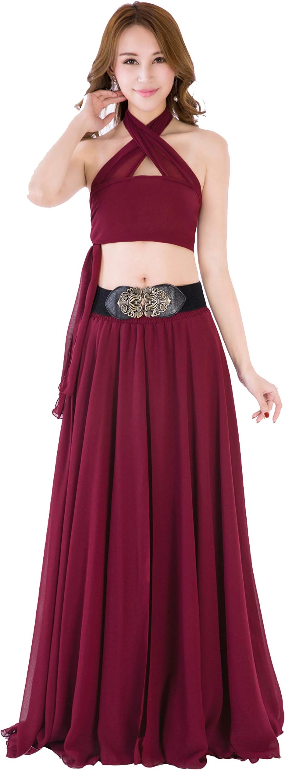 Summer Chiffon High Waist Pleated Big Hem Floor/Ankle Length Beach Maxi Skirt for Women Wedding Party Long Skirts