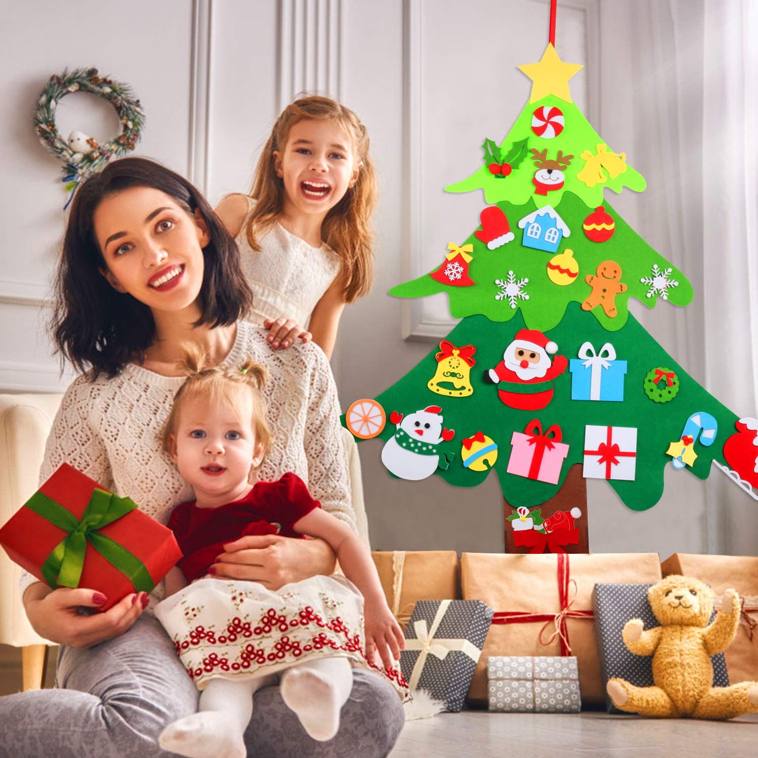 Joyibay Filz Weihnachtsbaum Kinder, DIY Filz Weihnachtsbaum 3.2 FT Dekoration Weihnachtsbaum aus Filz Ornamenten Weihnachten Set Ornamenten Hängenden Seil Für Home Tür Wand Dekoration