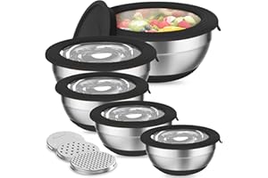 Humiwing Mixing Bowls with Lid Set, Stainless Steel Mixing Bowls, Nesting Metal Bowls with 3 Grater Attachments & Non-Slip Bottoms for Mixing, Baking, Prepping Black