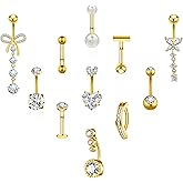 BSJ4U 11 Pcs Gold Plated Silver Belly Button Ring Dangle Hypoallergenic Surgical Stainless Steel Belly Rings for Women CZ Floating Clicker Heart Butterfly Pearl Bow Navel Piercing Jewelry Dangly Navel Ring