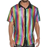 JIEFULL Mens 70s Disco Shirt Sequins Shiny Prom Costume Short Sleeve Button Shirts for Nightclub Party