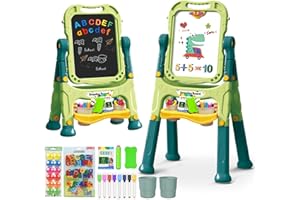 Juivin Art Easel for Kids with Magnetic Drawing Board, Double Sided Easel with Magnetic Letters & Numbers Easel, Adjustable Standing Easel for Toddler, Creative Play for Kids (Green)