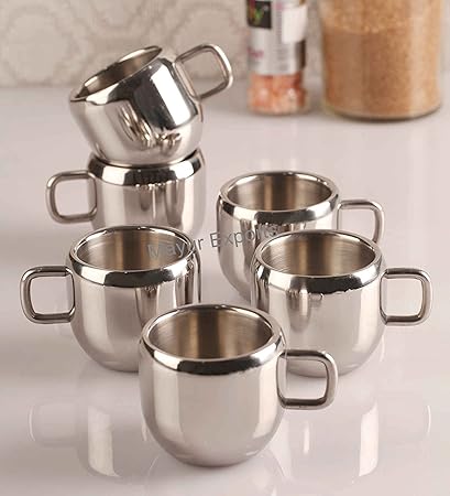 Mayur Exports Double Wall Stainless Steel Apple Tea & Coffee Cups ,Set Of 6, 100 Ml