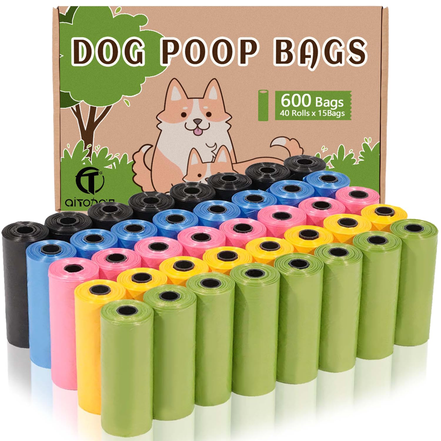 AiTodos® 600 Dog Poo Bags, 5 Colours, 31 x 22 cm, Poo Bags Dogs-Polyethylene Material(40 Rolls of 15 Counts)