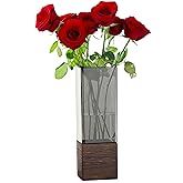 Shatterproof Acrylic Flower Vase with Wood Base–10”H*3.9''W Table Centerpiece for Home Office Decor, Holds Fresh/Dried Stems, Lightweight&Stable, Present for Housewarming Valentine's(Rectangular)
