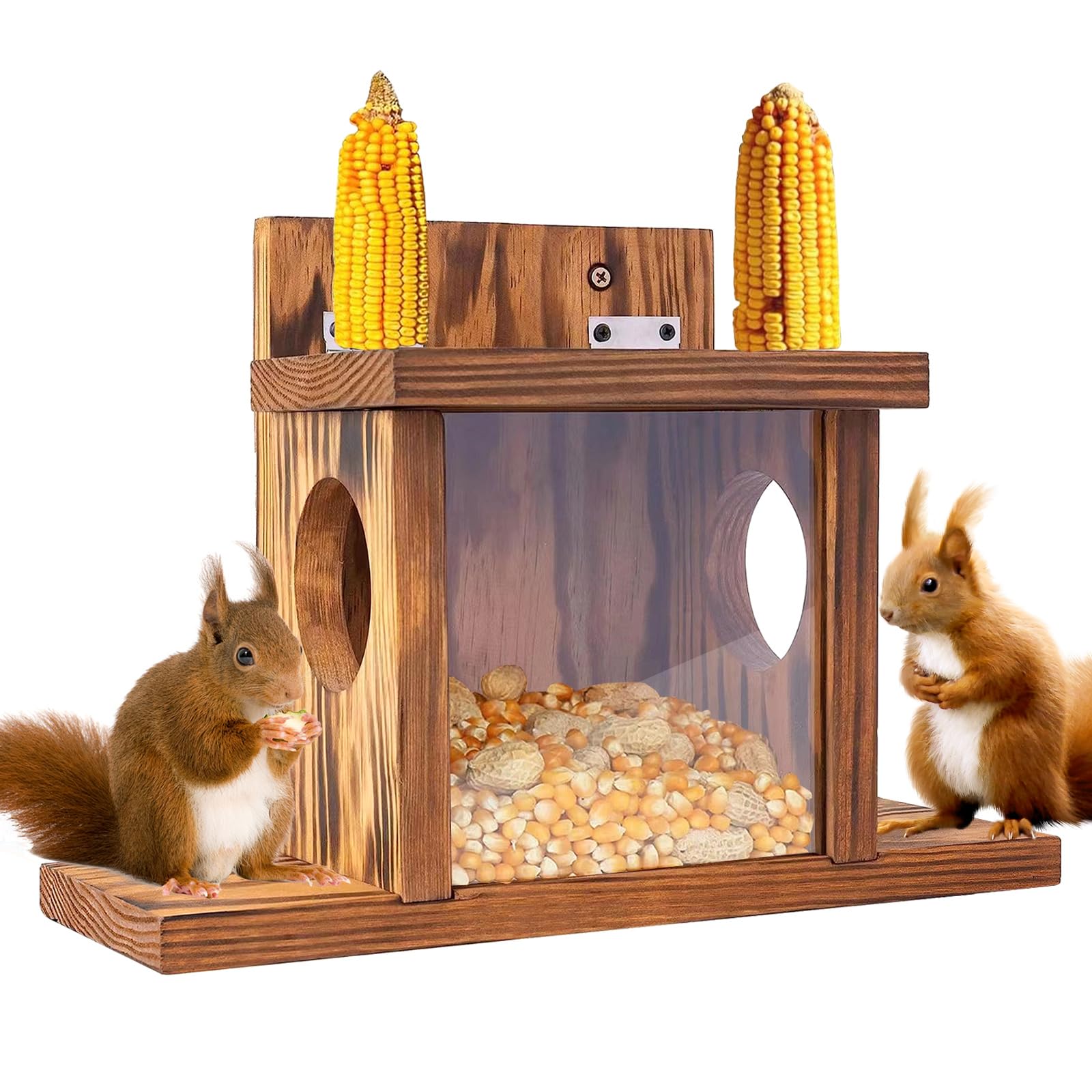 MEETOZ Carbonized Wooden Squirrel Feeder for Outside, Squirrel House, Chipmunk Feeder Hold Corn, Corn Cob, Peanuts (Brown)