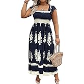 SHENHE Women's Plus Size Square Neck Tie Back Smocked Flutter Sleeve Flowy Maxi Boho Dress