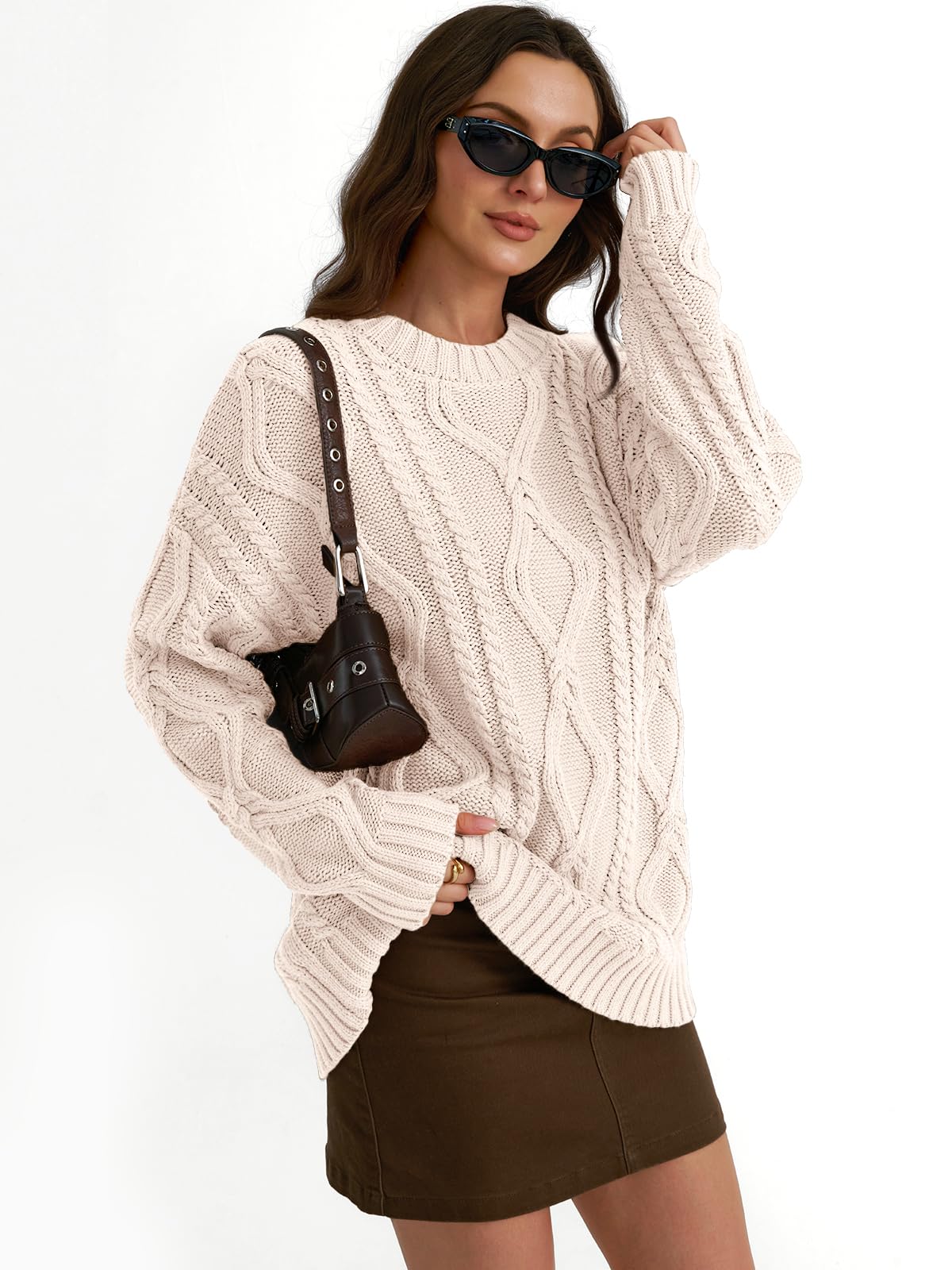 Trendy Queen Women's Oversized Cable Knit Crewneck Sweaters
