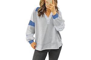 Fisoew Womens Color Block Oversized Sweatshirt V Neck Long Sleeve Casual Loose Pullover Tops