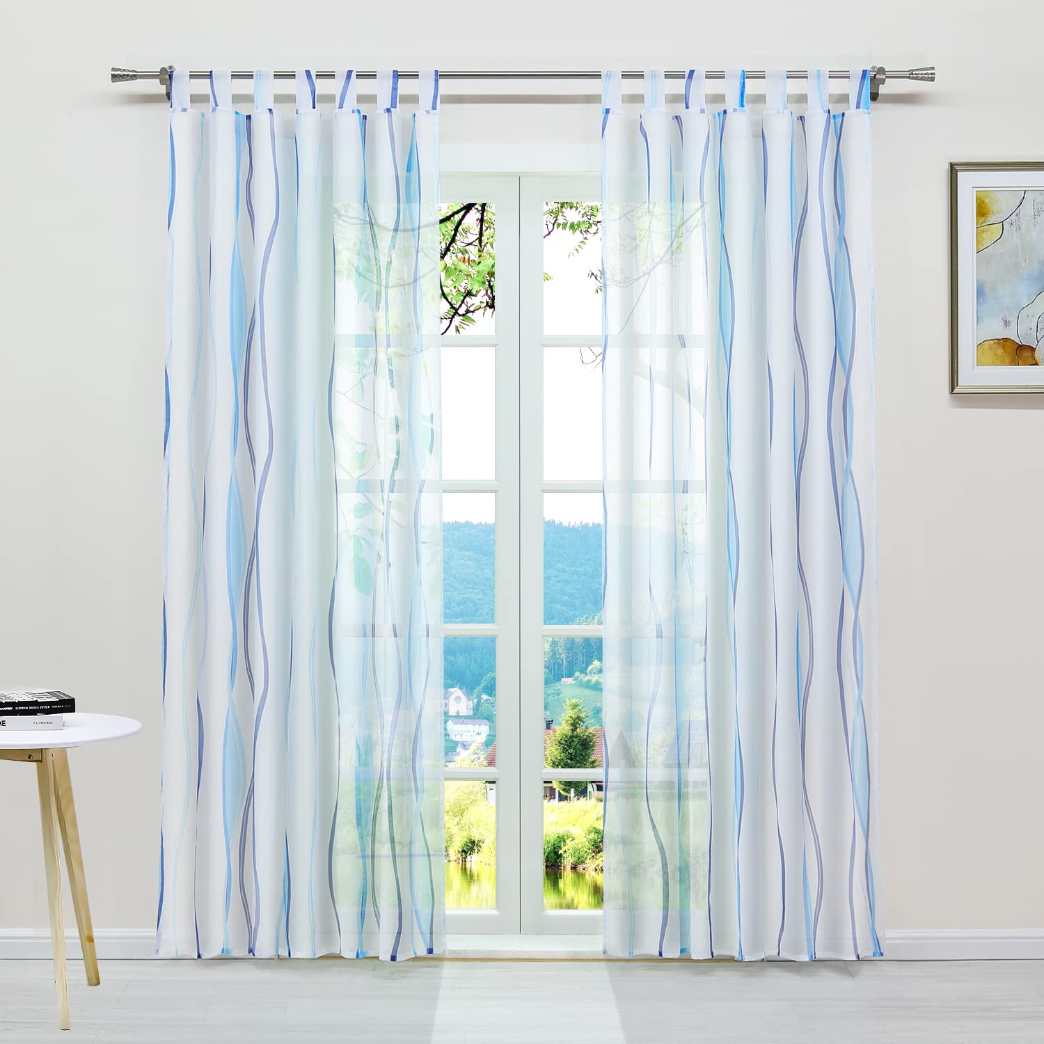 ESLIR Curtains with Tabs Transparent Tab-Top Curtain Waves Pattern Voile Blue W x H 140 x 245 cm 1 Piece