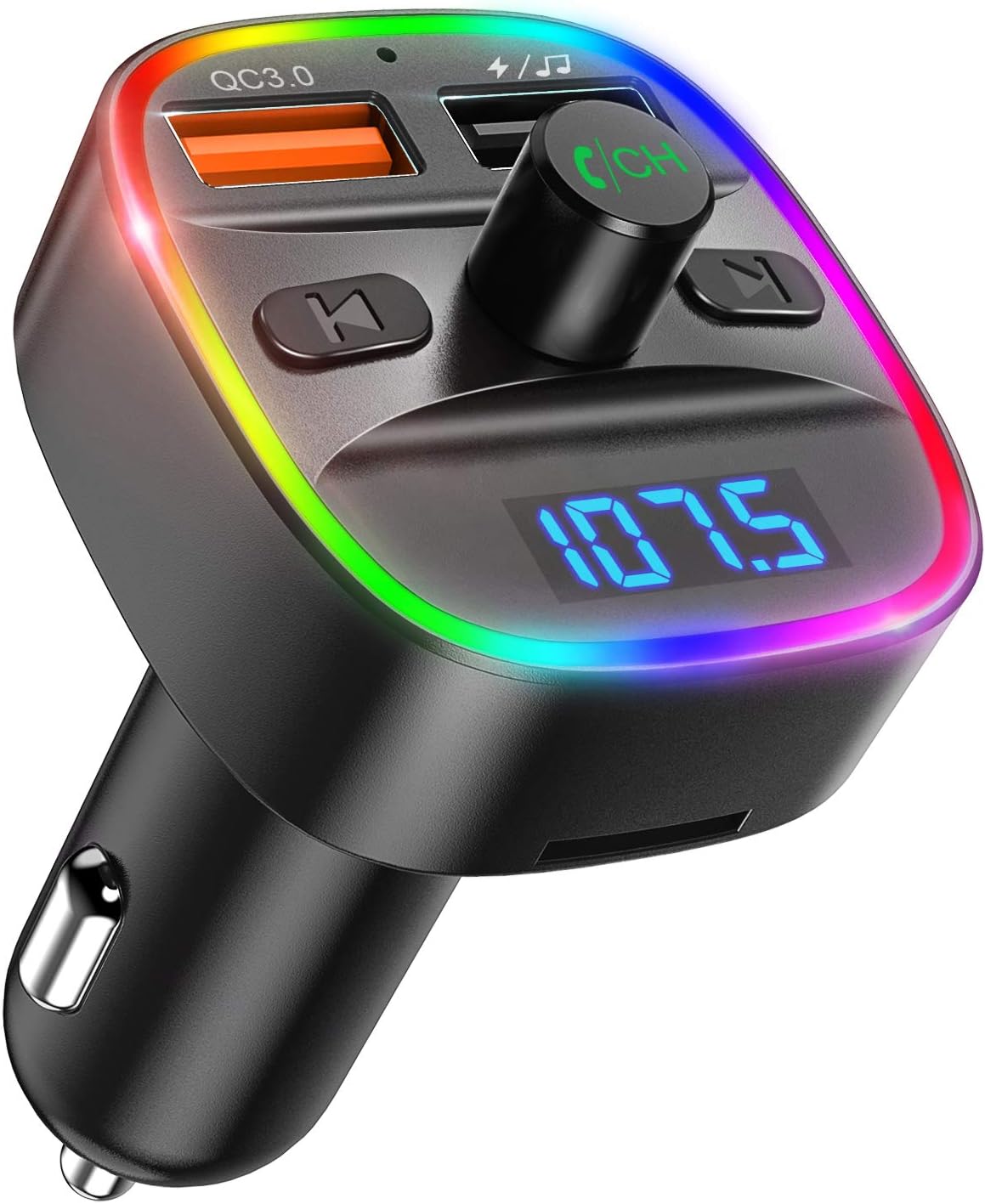 [Upgraded] KeeKit Bluetooth 5.0 FM Transmitter for Car, Wireless Radio Adapter with QC3.0 Dual USB Charging, 7 Color LED Backlit, Hands-Free Calling, Music Player Supports TF Card, USB Disk - Gun
