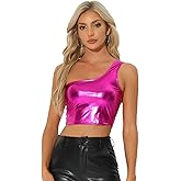 Allegra K Metallic Crop Top for Women's One Shoulder Halloween Day Party Clubwear Shiny Holographic Tank Tops
