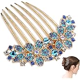NIIIYTYB Decorative Hair Combs for Women Teal Rhinestone Flower Hair Comb Jeweled Decorative Hairpin Barrette Fancy Clip Accessories Rhinestone Brooch Elegant Comb for Women Floral Blue Ornament