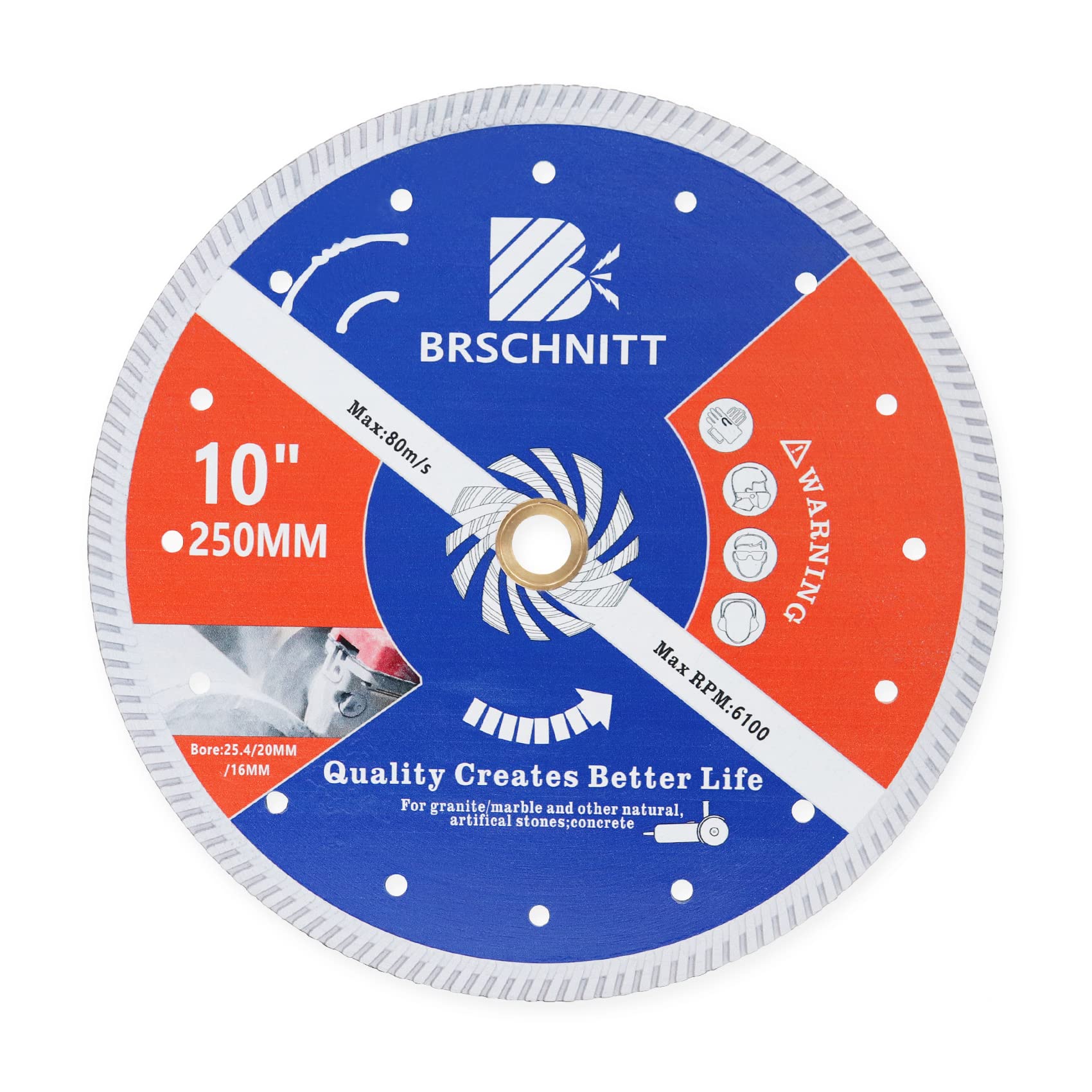 BRSCHNITT Diamond Disc for Concrete Masonry,250mm with Arbor 25.4mm-20mm-16mm Dry/Wet Continuous Rim Diamond Cutting Disc for Granite Marble Stone Hard Concrete Reinforced Concrete