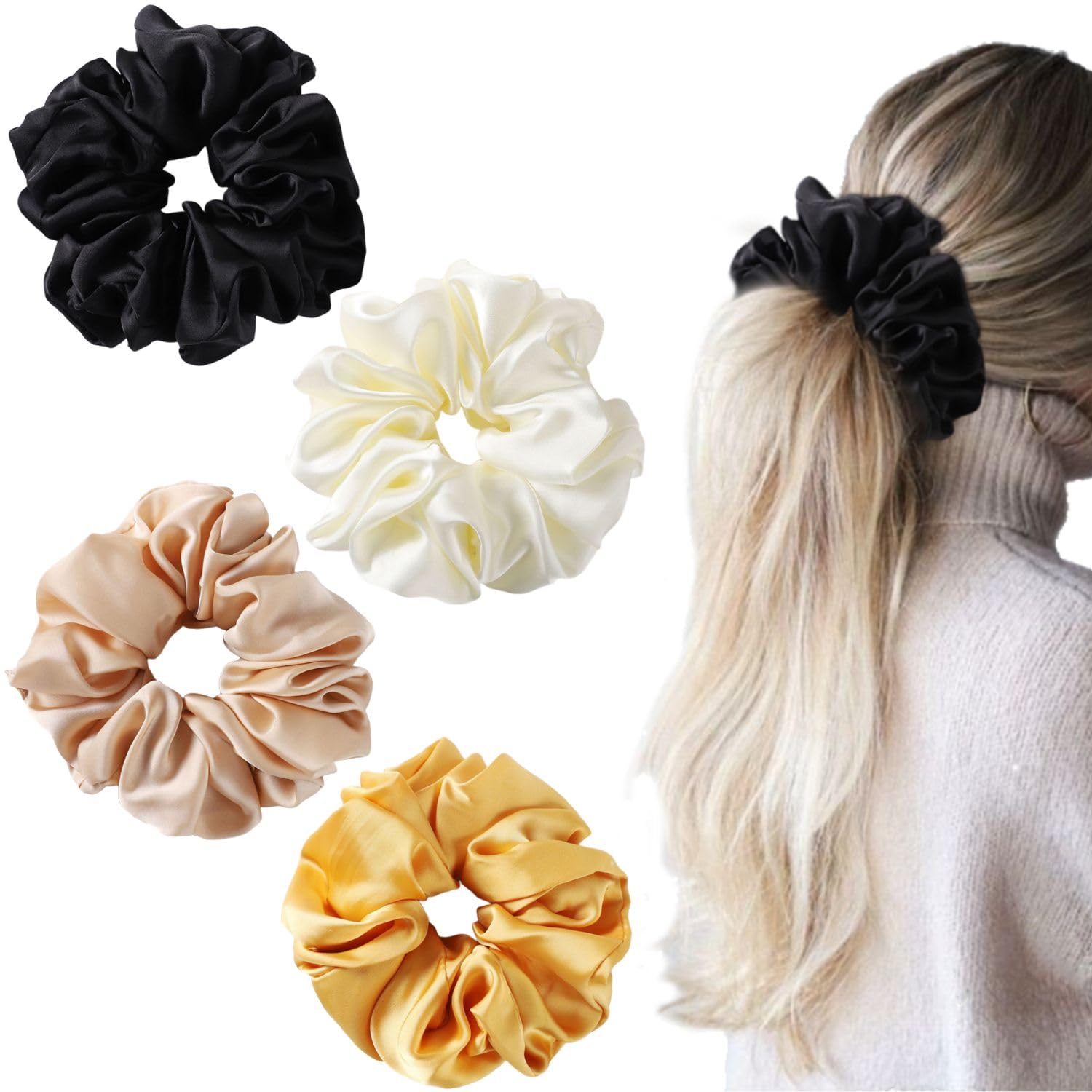 4 PCS Big Scrunchies for Women, Large Satin Hair Ties No Damage, Oversized for Sleeping, Jumbo for Curly Hair, Extra Large for Thick Hair, Giant