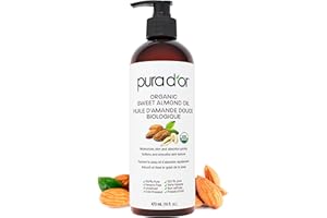 PURA D'OR Organic Sweet Almond Oil (473ml) Ecocert & USDA Certified Organic Carrier Oil, 100% Pure & Natural Hexane Free Soot