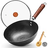 WANGYUANJI 9.5 Inch Small Cast Iron Wok with Lid - Handcrafted Tortoise Shell Texture Uncoated Stir Fry Pan, Flat Bottom Wok for Electric, Induction & Gas Stoves, 2.5 Quart (Requires Seasoning)