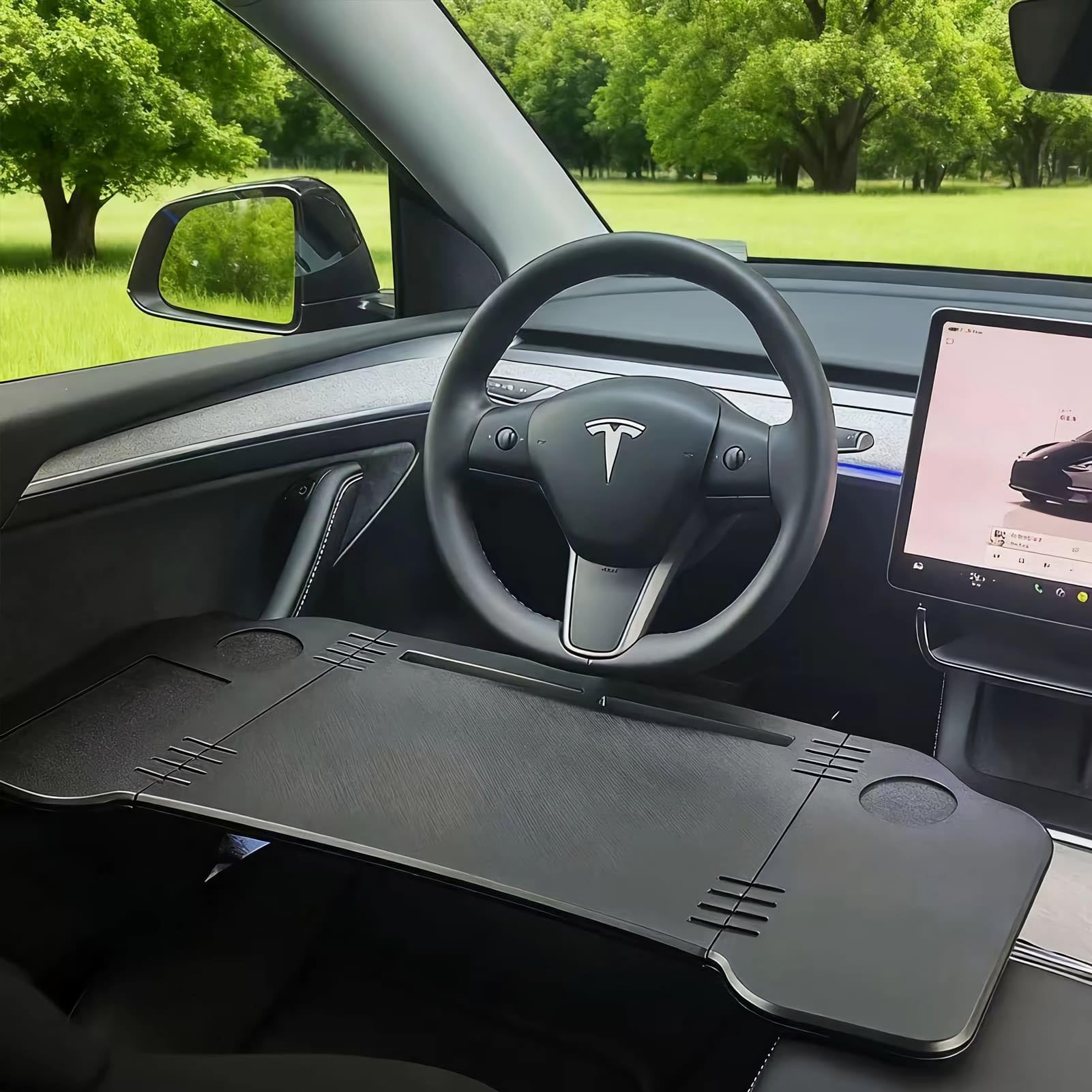 Photo 1 of Ronsoile Foldable Car Tray & Car Desk for Laptop, Car Table for Tesla Model Y Model 3, Food Trays Desk for Passenger, Steering Wheel Eating Table, Car Back Seat Tray Table for Travel Work Camping