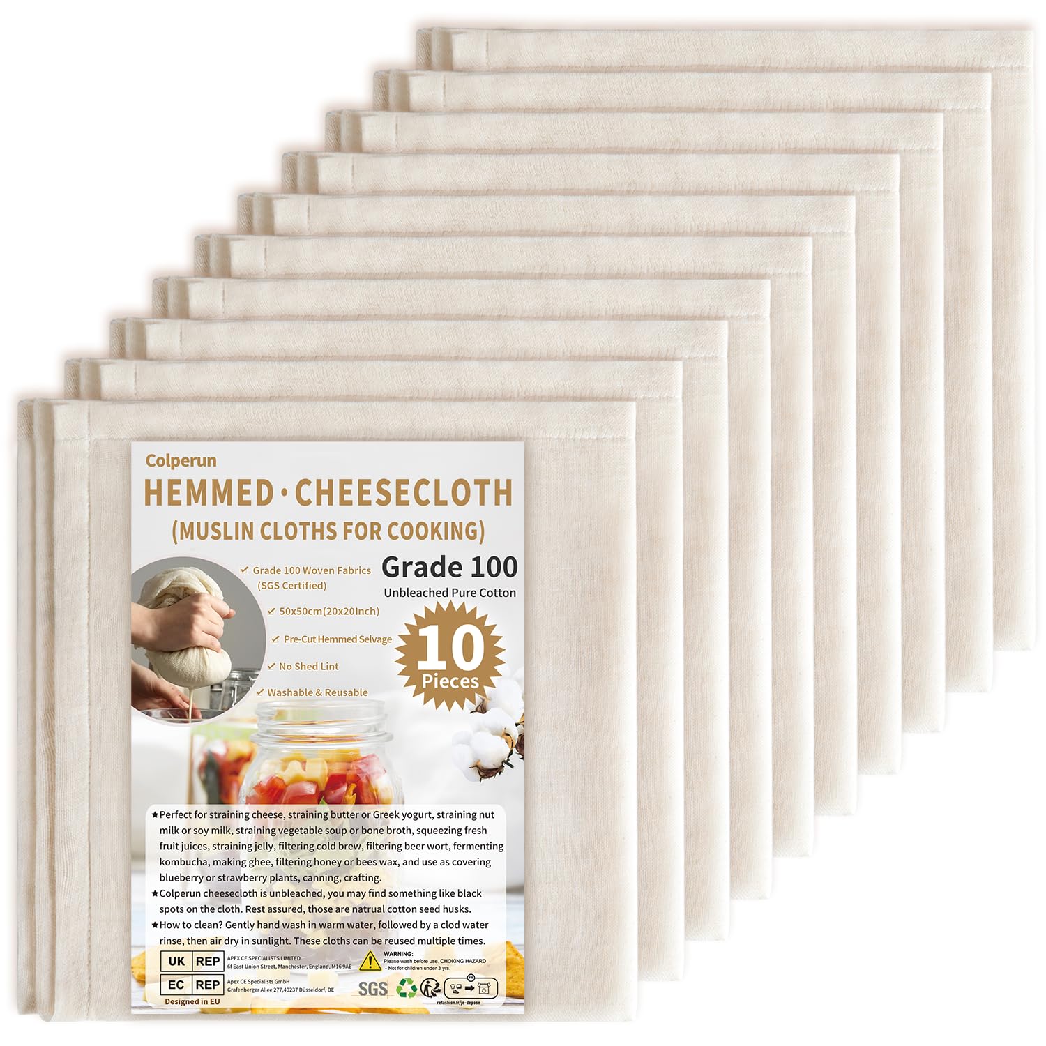 Colperun Cheese Cloths for Straining, 10Pack, Grade 100, 50x50cm Hemmed Muslin Cloths for Cooking Reusable Cheesecloth, Unbleached Cotton Cheese Cloth Muslin Fabric Strainer for Jam, Butter, Pudding