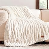 Cozy Bliss Double-Sided Soft Faux Fur Throw Blanket,50"x60", Cream White | Ruched,Fluffy, Fuzzy, Minky, Cozy, Plush, Comfort, Furry, Thick, Warm, Gifts, Couch, Sofa, Chair, Bed, Women, Fall, Winter