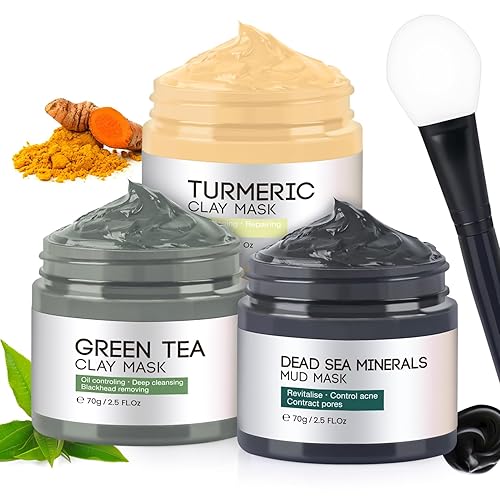 Clay Mask, Face Masks Skincare, 3-Set Turmeric Vitamin C Clay Mask, Dead Sea Mud Mask, Green Tea Deep Cleanse Mask for Detoxing, Reducing Acne, Oil Control, Dark Spots, Pores and Blackheads