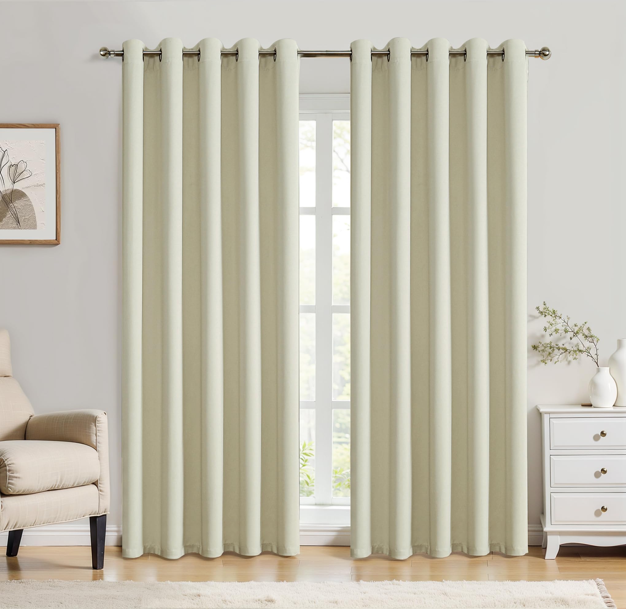 Bujasso Natural 90% Blackout Curtains 90 inches Thermal Insulated Room Darkening Draps for Living Room Bedroom Luxury Energy Saving Window Treatment Sets Grommet Top 2 Panels 65" Wx90 L