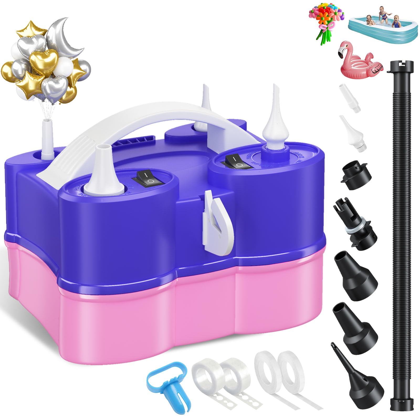 View 1 of 3-in-1 Electric Balloon Pump, Portable Electric Air Pump for All Balloons Inflatables Dual Nozzle Balloon Blower Machine for Latex 260q Foil Balloons 110V AC Inflator Deflator for Inflatable Pool Bed