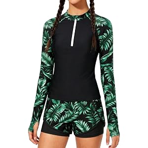 NikNio Girls Rash Guard Swimsuit Modest 2 Piece Long Sleeve Half-Zip Bathing Suit with Thumbholes & 2-in-1 Shorts 7-16Y