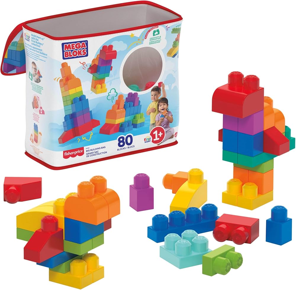 Mega Bloks Fisher-Price Toddler Big Building Bag 80 Pieces Blue 1+ DCH63