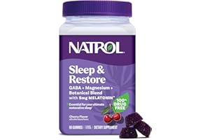 Natrol Sleep + Restore Magnesium Glycinate Blend Gummies with Melatonin 5mg - Calm Magnesium with GABA, Botanical Blend, Cherry Flavor, 60 Gummies