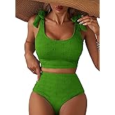Herseas Women 2 Piece High Waisted Bikini Sets Seashell Textured Tie Strap Swimsuits Bathing Suit Beach Summer Outfits