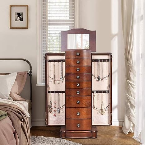 Amazon Waterjoy ジュエリーキャビネット スタンド 大容量 木製ジュエリー収納ボックスオーガナイザー フリップアップミラー付き 引き出し8個 サイドスイングドア2個 ネックレスフック16個付き ベージュ ジュエリー収納 オンライン通販