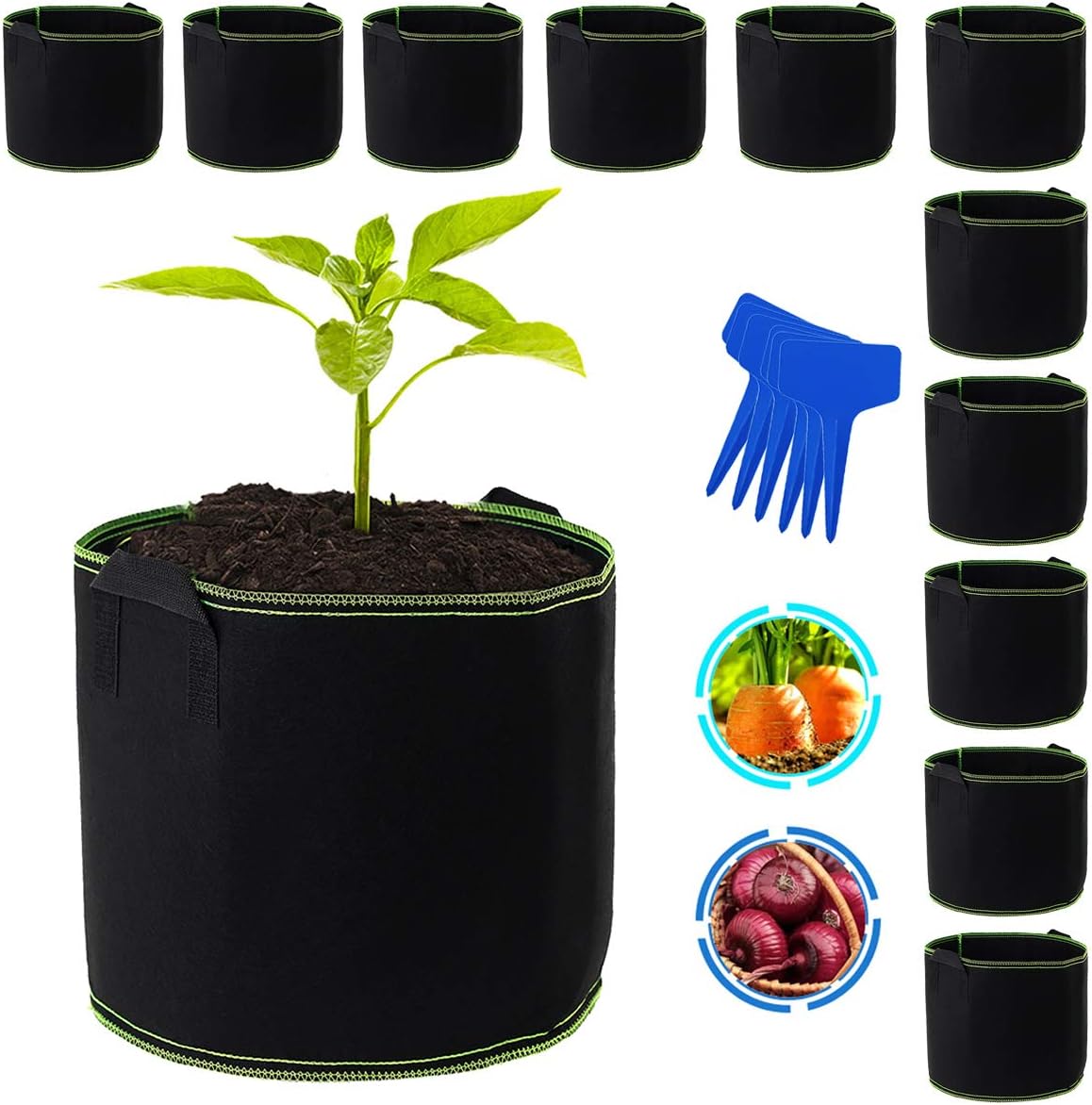 UltraOutlet 12-Pack 7 Gallon Grow Bags Heavy Duty Plant Growing Bags with Handles, Nonwoven Fabric Grow Bags Bulk for Plants, Potato, Vegetables, 12 pcs Plant Labels
