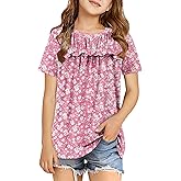 storeofbaby Girls Shirts Casual Short Sleeve Tops Round Neck Ruffle Flowy Tunic Blouses 5-14 Years