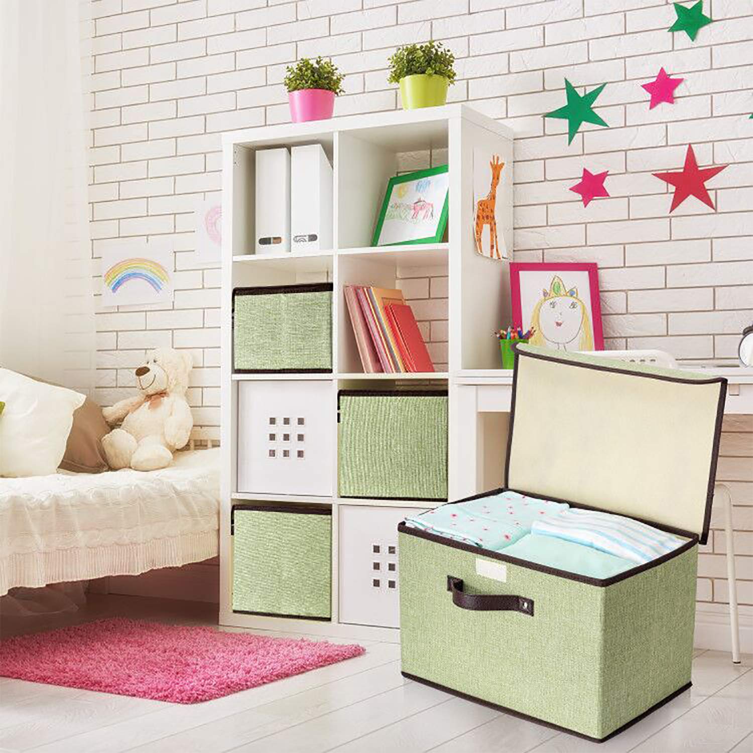 senbowe Storage Bins, Set [3-Size] Foldable Storage Cubes Box Lids Handles, Collapsible Storage Basket Containers Organizer Linen Fabric Home, Office, Nursery, Closet, Bedroom