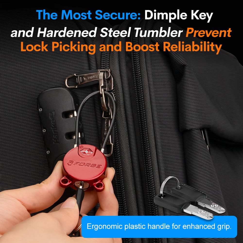 Forge TSA Approved Luggage Locks Ultra-Secure Dimple Key Cable Locks for Travel with Zinc Alloy Body- 2 Red Locks